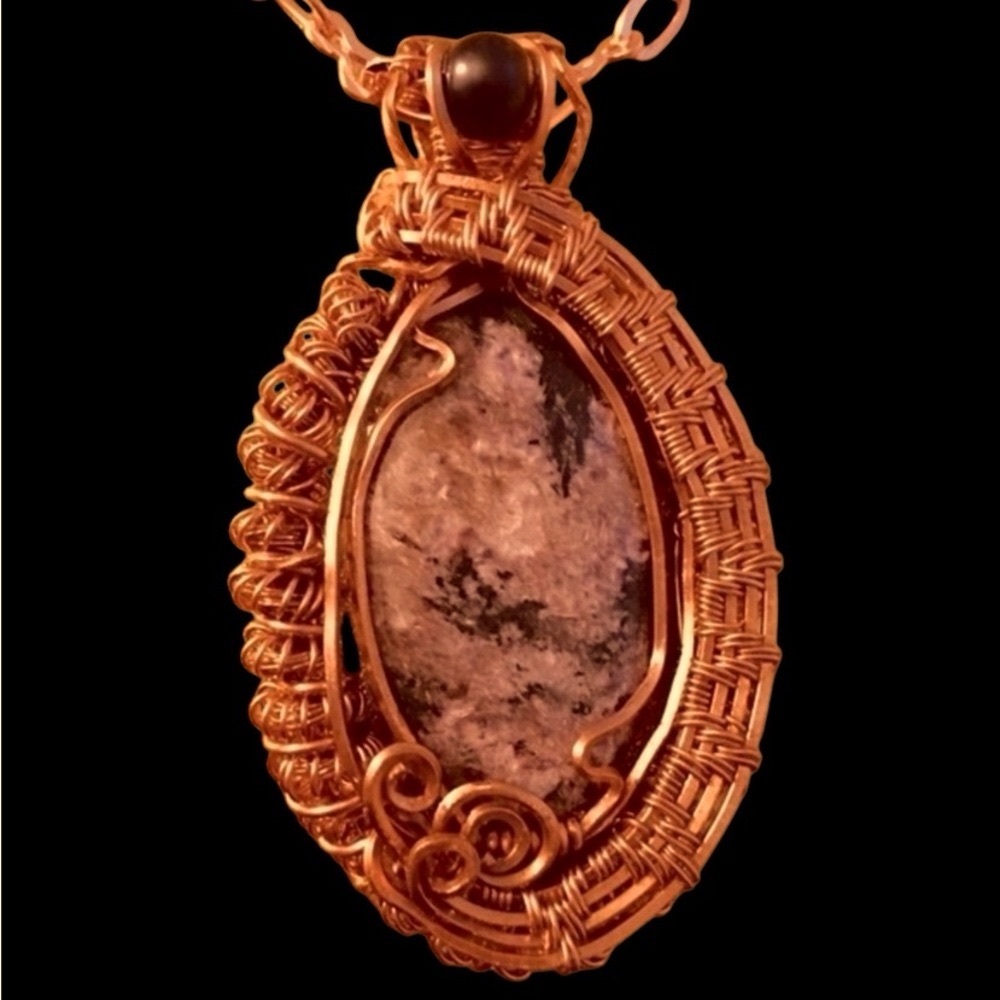 Necklace Pearl Black handmade with Charoite Stone Wired Wrapped artesian made